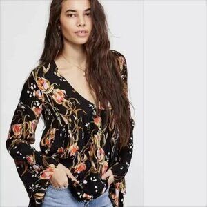 Free People Bella Floral Print Bell Sleeve Tunic Top Blouse Boho Black Size S